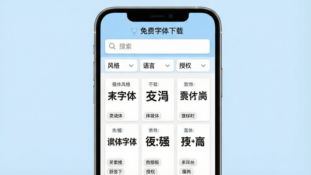 一张展示“免费字体下载”软件搜索与筛选功能的界面示意图,画面为手机屏幕,屏幕上方是搜索框,下方是筛选条件栏,包括“风格”“语言”“授权”等下拉按钮,搜索结果以网格形式排列,每个结果展示字体名称和预览字样,背景是浅蓝色调,整体风格简洁明快,画质高清,无多余装饰