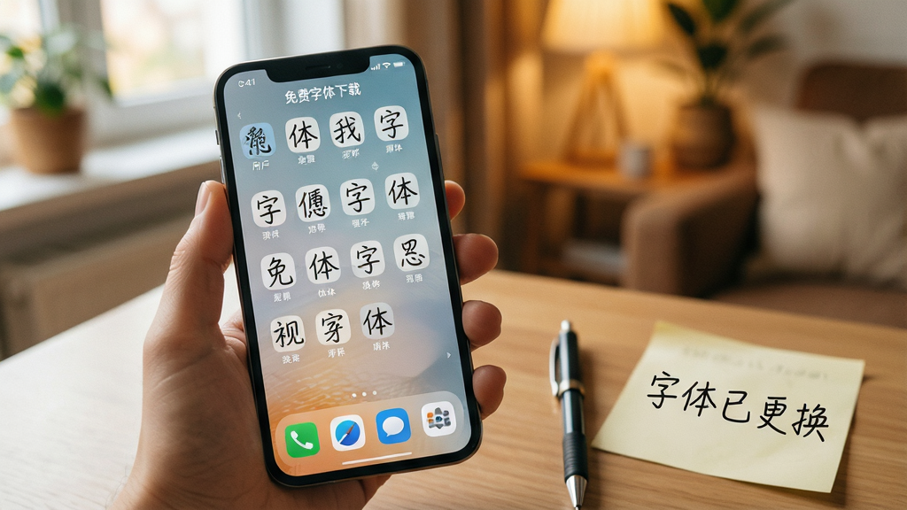 一张展示用户在手机上使用“免费字体下载”软件并成功应用新字体到手机桌面的场景图,画面为手持手机,屏幕显示手机桌面,桌面图标文字已变为一种优雅的手写字体,手机旁边有一支笔和一张写有“字体已更换”的便签纸,背景是温馨的室内环境,整体风格生活化,画质清晰,无多余元素
