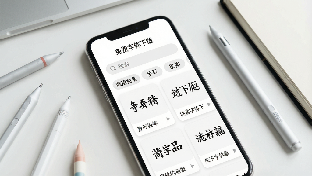 一张展示手机字体下载应用界面的概念图,画面中央是一部现代智能手机,屏幕显示“免费字体下载”应用的主页,页面布局包含搜索栏、字体分类标签如“商用免费”“手写”“楷体”等,以及多个字体预览卡片,每张卡片展示不同字体的中文示例文字,背景是干净整洁的浅色工作台,旁边散落着几支触控笔和笔记本,整体风格清新简约,细节清晰,画质高清,无多余元素