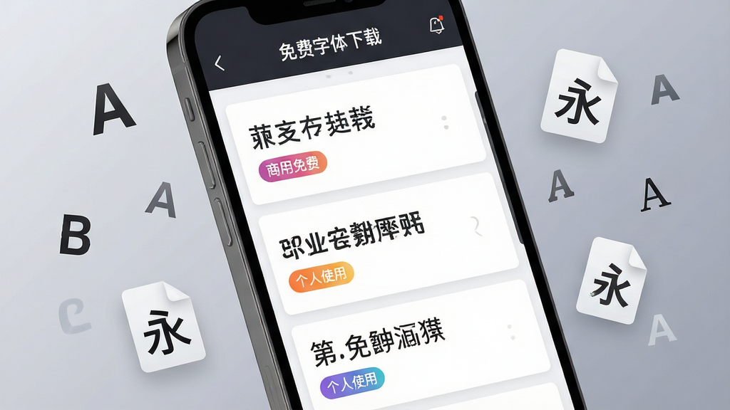 一张展示“免费字体下载”软件内部字体库的界面截图风格图片,画面主体是手机屏幕特写,屏幕中显示瀑布流式的字体预览列表,每个字体名称旁边带有“商用免费”或“个人使用”的彩色标签,背景是柔和的渐变灰色,手机周围有漂浮的字母A、汉字“永”和字体文件图标,整体呈现科技感与设计感,画质清晰,排版整洁,无杂乱元素