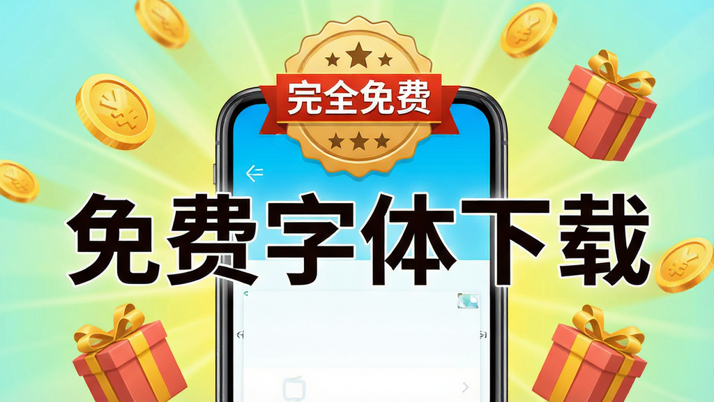 一张强调“免费字体下载”软件免费无广告特点的宣传图,画面主体是手机屏幕,屏幕显示软件主界面,上方有“完全免费”的徽章图标,界面内没有任何广告横幅,背景是明亮的纯色,周围有象征免费的金币和礼物盒漂浮,整体风格积极正面,画质清晰,无多余元素