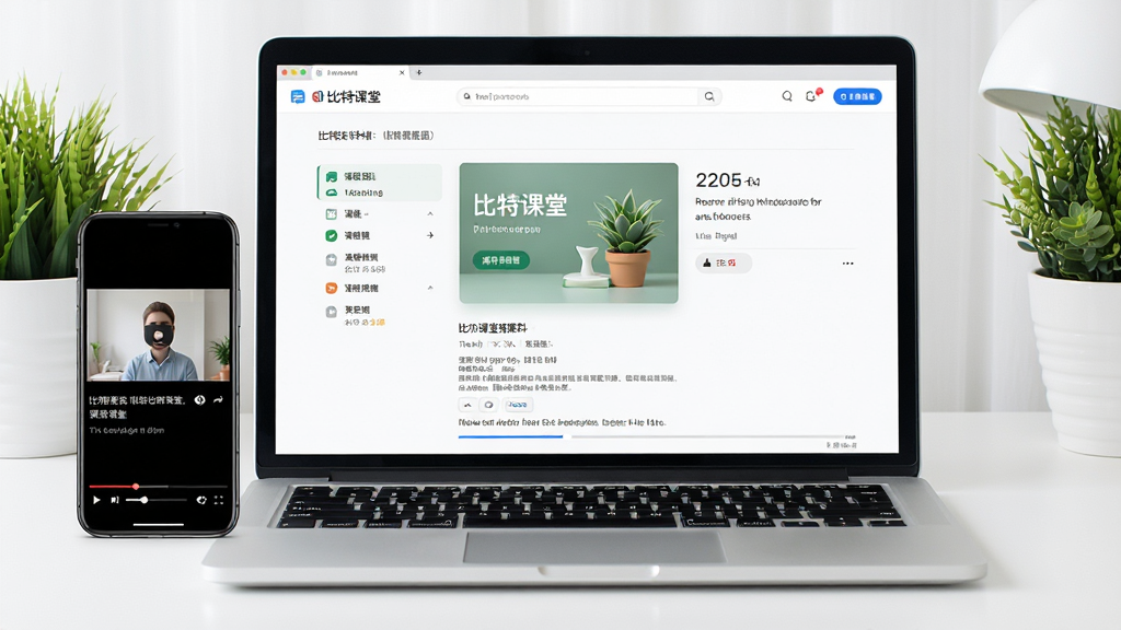 画面主体是一台打开的笔记本电脑与一部手机并排摆放,笔记本屏幕上显示比特课堂的课程详情页,手机屏幕显示视频播放界面。布局采用左右对称构图,背景为简洁的白色书桌与绿色植物。排版上课程目录与播放进度条清晰可见。风格为清新学习场景风,细节上屏幕色彩柔和,图标精致。画质高清,干净,无多余元素。