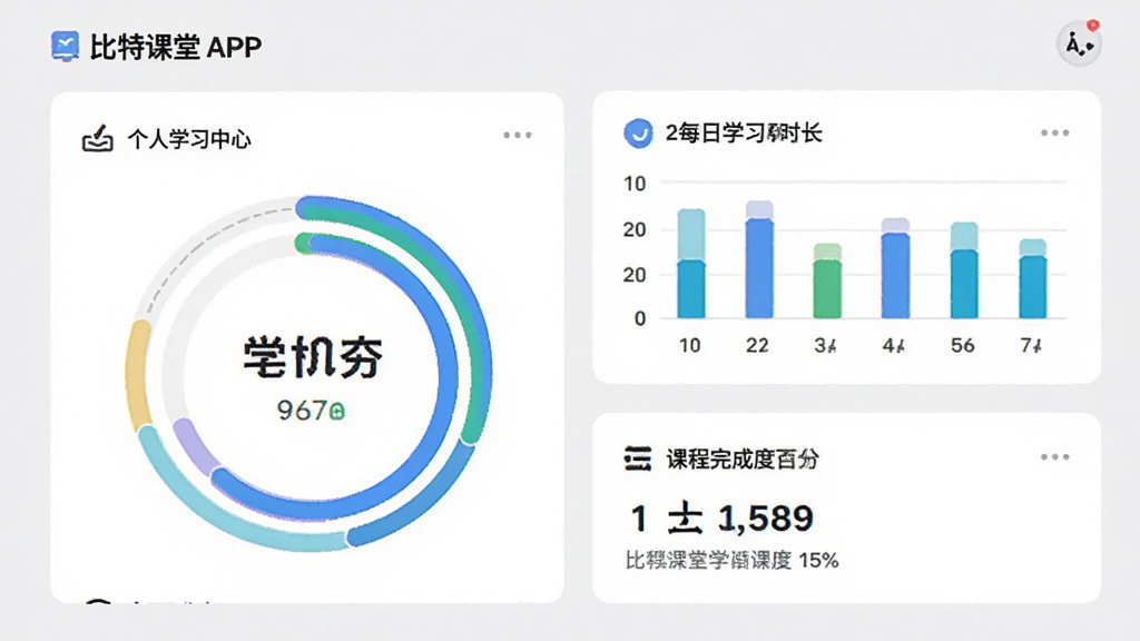 画面主体是比特课堂APP的个人学习中心页面,屏幕上显示学习进度环形图、每日学习时长柱状图以及课程完成度百分比。布局采用卡片式模块化排列,背景为浅灰色。排版清晰,数据可视化图表色彩鲜明。风格为现代数据面板风,细节上数字与图标对齐工整。画质高清,干净,无多余元素。