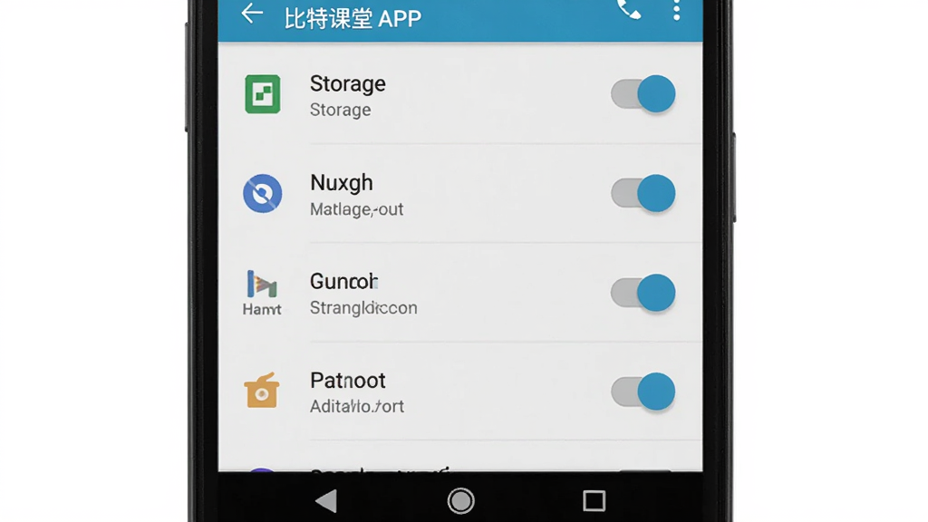 画面主体是一部安卓手机显示比特课堂APP的权限设置界面,屏幕上列出存储、网络、通知等权限开关。布局采用纵向列表形式,背景为浅色。排版清晰,开关按钮状态明确。风格为移动端系统设置UI风,细节上图标与文字对齐。画质高清,干净,无多余元素。