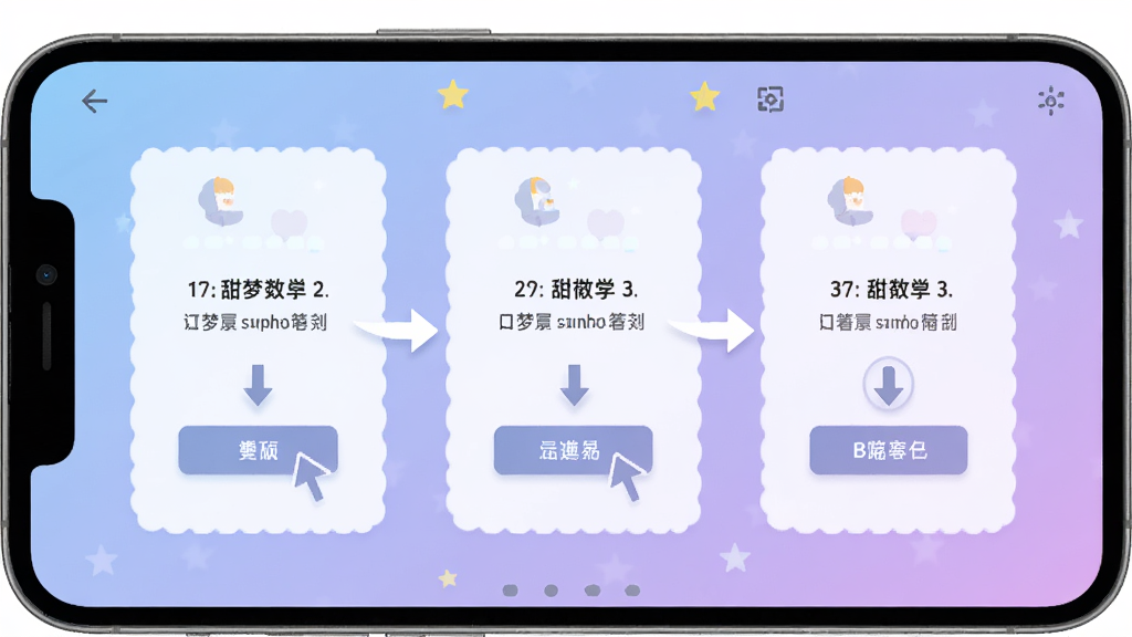 甜梦安卓版 新手引导界面展示,手机屏幕中显示分步操作提示,有箭头指引用户点击按钮,背景为柔和的蓝紫色渐变,界面简洁明了,扁平化设计风格,高清画质,干净无多余元素