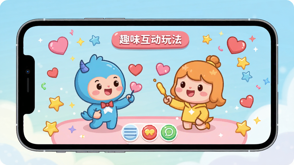 甜梦趣味互动玩法展示,手机屏幕中显示两个卡通人物在玩默契问答游戏,周围有爱心和星星装饰,界面色彩明快,风格活泼可爱,扁平化设计,高清画质,细节丰富