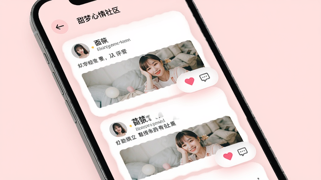 甜梦心情社区界面展示,手机屏幕中呈现瀑布流动态卡片,每张卡片包含用户头像、文字内容和配图,界面有爱心点赞按钮和评论图标,背景为浅粉色,整体风格清新简约,高清画质,布局整洁