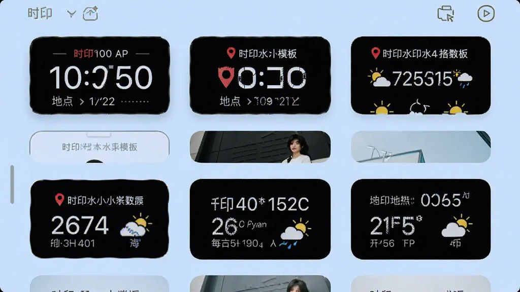 时印水印相机水印模板选择界面,画面展示手机屏幕内多个水印样式缩略图整齐排列,包含时间、地点、天气等元素,背景为柔和浅蓝色,风格清新简洁,细节丰富,画质高清,干净,无多余元素