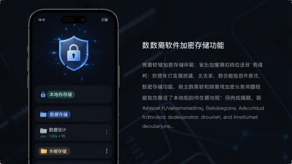主体为数裔软件加密存储功能界面,布局为手机屏幕侧边展示安全锁与数据条目,排版为左图右文结构,风格为深色科技风,细节包含加密盾牌图标、本地存储标签、数据分类文件夹,画质为高清UI渲染干净无多余元素