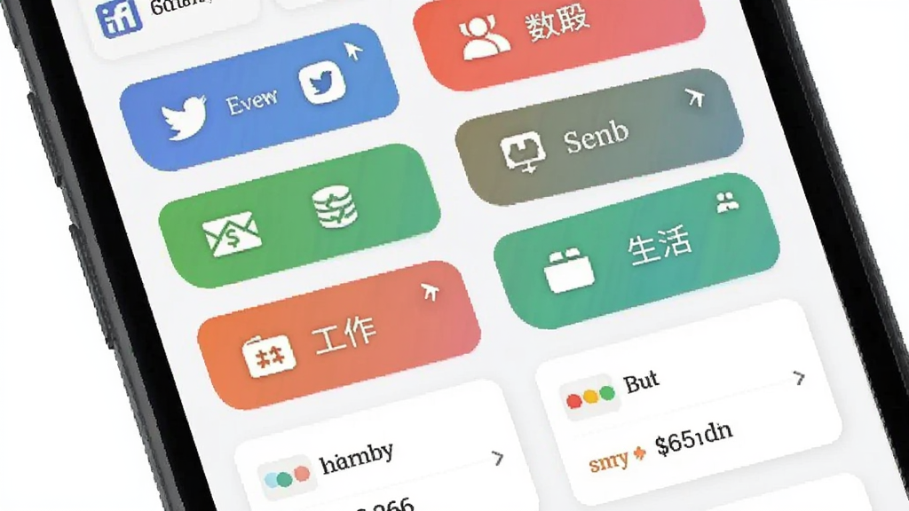 主体为数裔软件分类管理界面,布局为手机屏幕展示多个彩色分类标签,排版为网格状排列,风格为扁平化清新设计,细节包含社交图标、金融图标、工作图标、生活图标及对应数据卡片,画质为高清矢量风格干净无多余元素