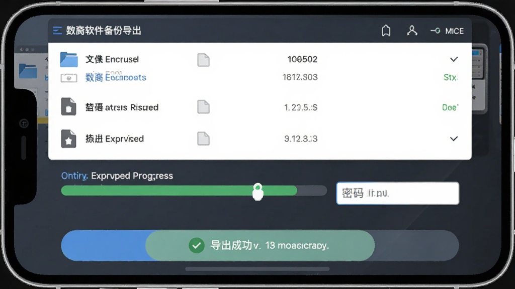 主体为数裔软件备份导出界面,布局为手机屏幕展示导出进度条与加密文件图标,排版为上下结构上方为文件列表下方为操作按钮,风格为简洁商务风,细节包含加密压缩包、密码输入框、导出成功提示,画质为高清UI渲染干净无多余元素