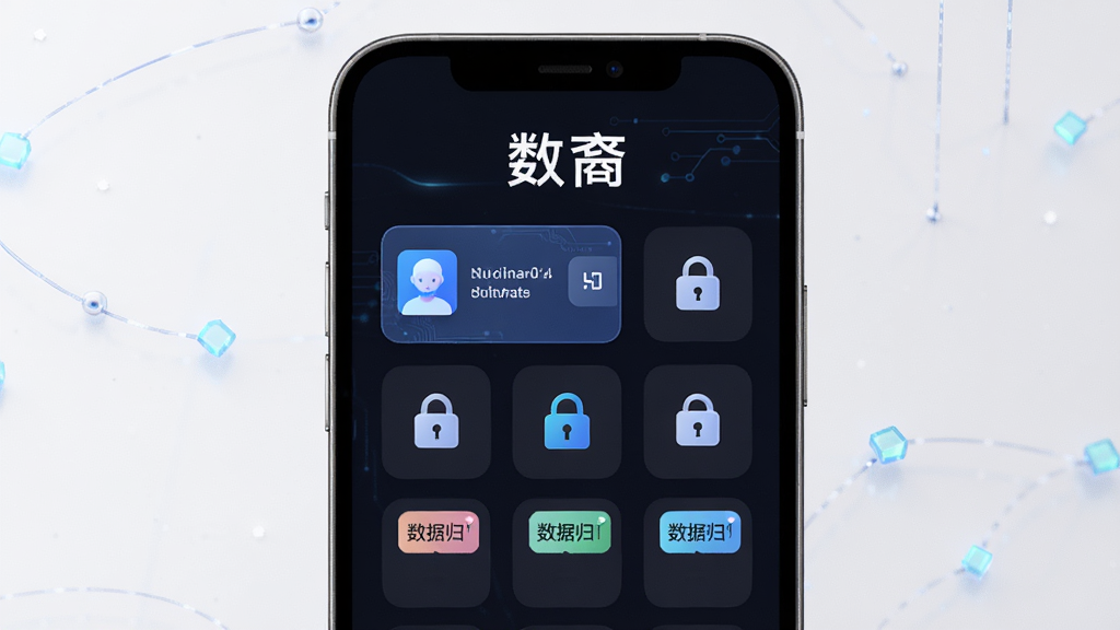 主体为数裔软件主界面展示,布局采用手机屏幕居中展示,排版为上下结构上方为软件名称“数裔”下方为功能图标矩阵,风格为现代简约科技感,细节包含数字身份卡片、加密锁图标、数据归类标签,画质为高清渲染干净无多余元素