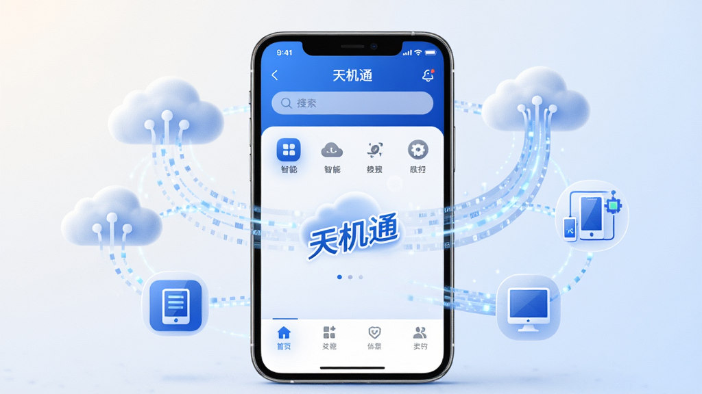 画面中央是一部智能手机,屏幕上展示着“天机通”应用的主界面,界面以科技蓝和白色为主色调,布局简洁清晰,上方有搜索栏和功能图标,下方有导航菜单。手机周围环绕着云朵、数据流、智能设备图标等元素,象征智能互联与数据管理。背景为浅色渐变,风格现代科技感,细节精致,画质清晰,干净无多余元素。