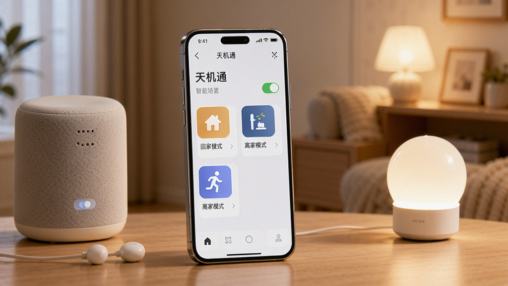 一部手机放置在桌面上,屏幕显示“天机通”智能场景设置页面,界面中有多个开关和场景图标,如“回家模式”“离家模式”,手机旁边有智能音箱和智能灯泡,背景为温馨的家居环境,风格温暖科技,光线柔和,画质清晰,干净整洁。