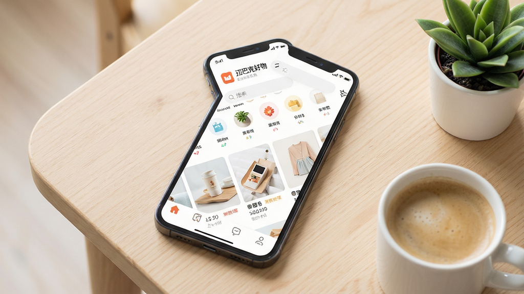 一幅明亮整洁的移动端应用界面展示图,画面主体是一部智能手机,屏幕上显示名为“迈巴克好物”的购物应用首页,页面布局包含顶部搜索栏、分类图标和商品推荐卡片,商品图片精致美观。手机放置在浅色木质桌面上,旁边点缀一杯咖啡和一盆小绿植。整体风格清新现代,排版简洁有序,细节丰富,画质清晰干净,无多余元素。