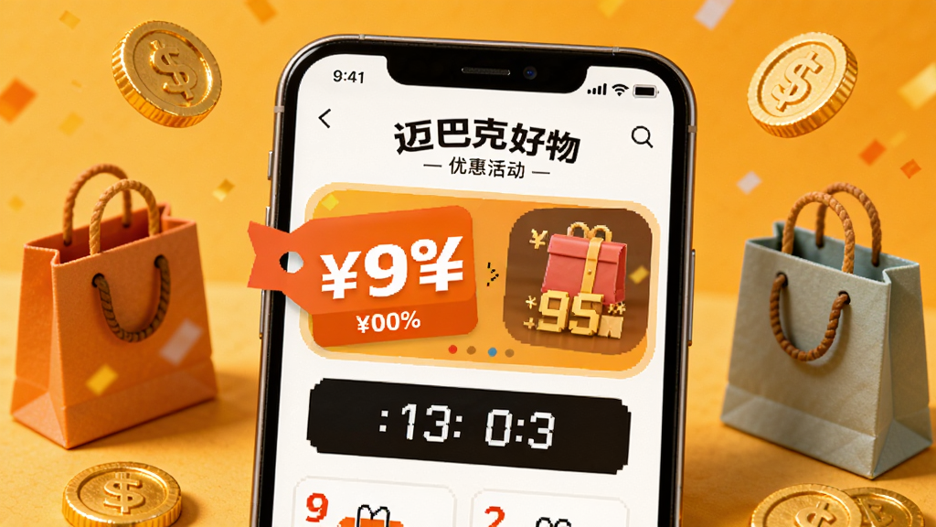 一部智能手机展示“迈巴克好物”的优惠活动页面,页面中带有醒目的折扣标签和倒计时模块,背景为温暖的橙黄色调。手机周围散落着几枚金币和购物袋模型,营造出促销氛围。风格活泼明快,布局紧凑,细节丰富,画质干净清晰,无多余元素。