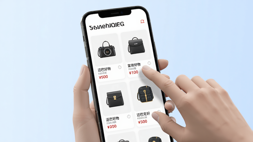一部手机展示“迈巴克好物”应用的商品推荐页面,页面中整齐排列着多张商品卡片,每张卡片包含商品图片、名称和价格信息,画面中央有一双虚拟的手正在滑动浏览。背景为柔和的浅蓝色渐变,风格简约商务,细节清晰,画质干净明亮,无多余装饰元素。