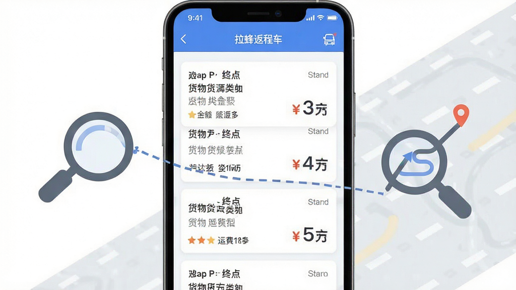 拉蜂返程车智能匹配返程货源功能展示图,画面中央为手机屏幕,屏幕中显示拉蜂返程车应用界面,界面内排列多条返程货源订单卡片,卡片上有起点终点、货物类型、运费金额等信息,手机旁边有放大镜与路线连接线图标,背景为简洁的白色与浅灰色,风格为现代扁平化设计,布局清晰,细节突出订单卡片内容,画质干净清晰,无多余装饰元素。