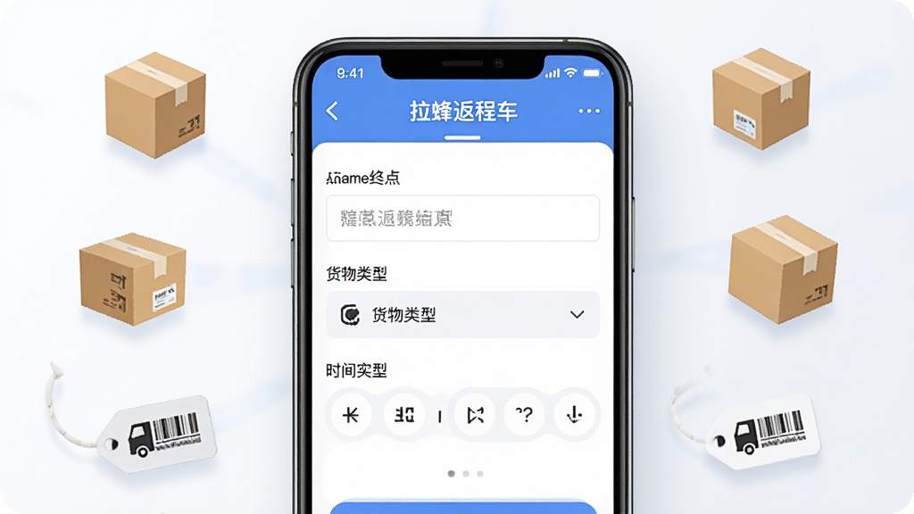 拉蜂返程车货主发货便捷功能展示,画面为手机屏幕特写,屏幕中显示拉蜂返程车发货信息填写界面,包含起点终点输入框、货物类型选项、时间选择器等表单元素,手机周围有包裹、纸箱、物流标签等小图标点缀,风格为清新简约的UI设计,布局居中,细节突出表单填写区域,画质清晰明亮,无多余元素。