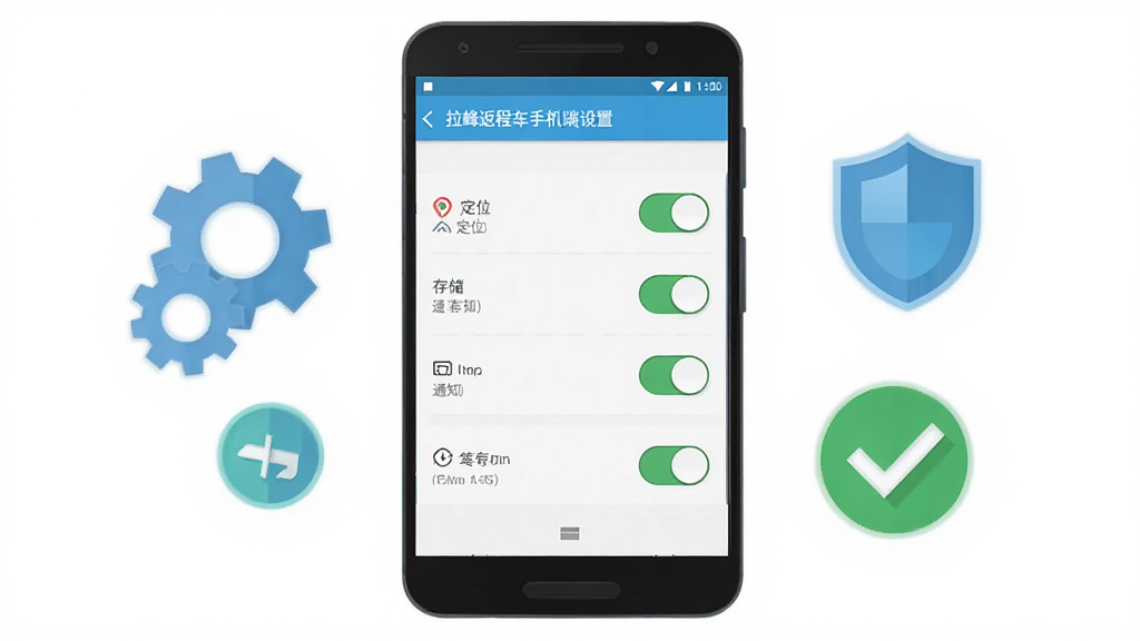 拉蜂返程车手机端安装与权限设置操作示意图,画面为一部安卓手机,屏幕中显示设置页面的权限管理界面,包含定位、存储、通知等权限开关,手机旁边有齿轮、盾牌、对勾等图标,风格为扁平化科技插画,布局清晰,细节突出权限开关状态,画质干净明亮,无多余元素。