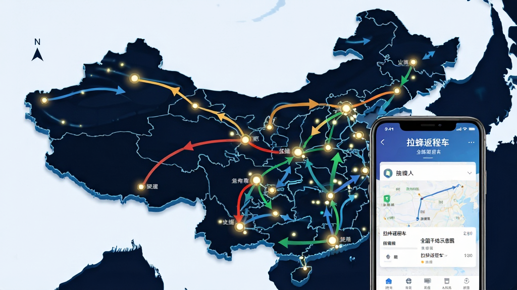 拉蜂返程车全国干线覆盖示意图,画面主体为中国地图轮廓,地图上标注多条彩色货运干线连接各大城市节点,地图前方放置一部手机,手机屏幕显示拉蜂返程车应用中的线路选择页面,整体风格为商务科技感,布局上地图占据背景,手机位于前景偏右,细节包括城市光点与路线箭头,画质清晰,干净无杂乱元素。