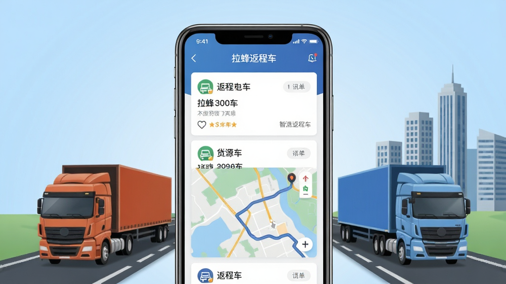 拉蜂返程车是一款面向货运司机与返程车车主的智能接单调度软件,画面主体为一部竖屏智能手机,屏幕中清晰展示拉蜂返程车的订单列表界面,包含货源信息卡片与地图路线示意,手机周围环绕货运卡车、公路、城市建筑等元素,整体采用写实风格与扁平化UI结合,布局居中对称,背景为浅蓝色渐变,细节上突出手机屏幕的界面内容与卡车图标,画质清晰干净,无多余元素。