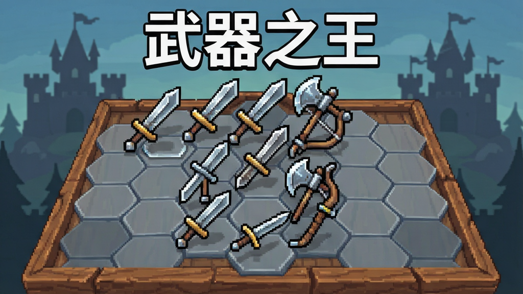画面中央展示一款名为“武器之王”的策略战棋游戏主界面,主体为一块六边形网格战场,上面摆放着刀、剑、斧、弓等武器棋子,布局采用居中对称式排版,风格为美式卡通与像素混搭,细节包括武器上的金属反光、棋盘边缘的木质纹理、背景中隐约可见的城堡剪影,画质清晰干净,无多余元素,图片上方用白色粗体字写着“武器之王”