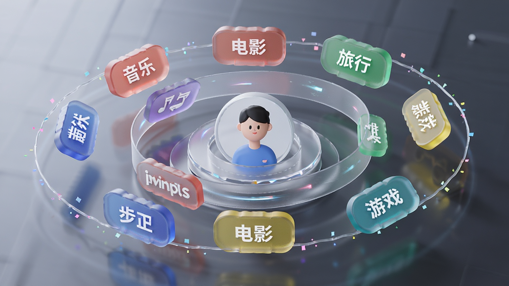 欲言ingplus兴趣标签匹配系统示意图,主体为多个悬浮的彩色标签围绕一个中心用户头像旋转,布局采用环形轨道构图,标签上写有音乐、电影、旅行、游戏等文字,排版富有层次感,风格为3D渲染科技风,细节包含磨砂玻璃质感、柔光阴影以及动态旋转轨迹线,画质高清,画面通透。