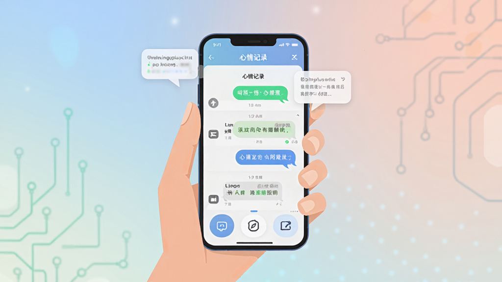 欲言ingplus软件主界面预览图,主体为一个手持智能手机的扁平化插画,布局采用居中构图,上方展示应用聊天对话框与心情记录面板,排版清晰有序,风格为现代简约科技风,细节包含柔和的渐变背景、圆润的图标按钮以及悬浮的对话气泡,画质高清,画面干净,无多余元素。