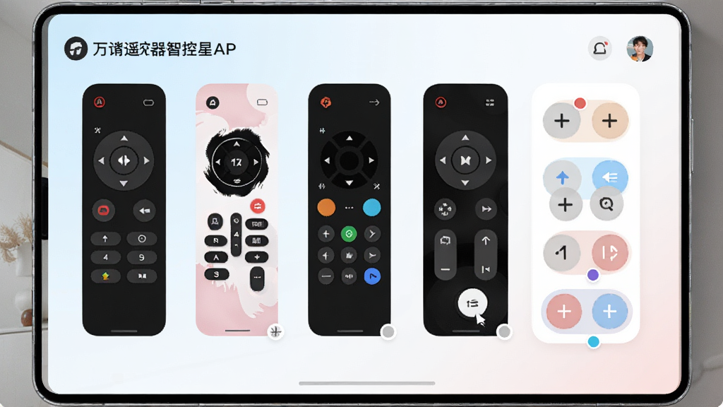 一张展示万能遥控器智控星APP自定义遥控器界面的图片,屏幕上有不同风格的遥控器皮肤选项和可拖拽的按键。界面设计感强,色彩丰富但和谐,风格时尚,画质高清。