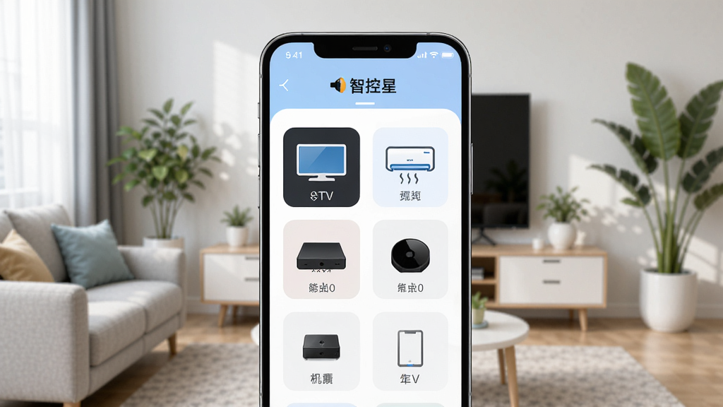 一张展示智能手机屏幕的图片,屏幕中央显示着万能遥控器智控星的APP界面,界面布局清晰,包含电视、空调、机顶盒等电器图标。手机周围环绕着客厅场景,有沙发、电视柜和绿植。整体风格为现代科技感,色彩明亮干净,画质高清,细节丰富,无多余杂乱元素。
