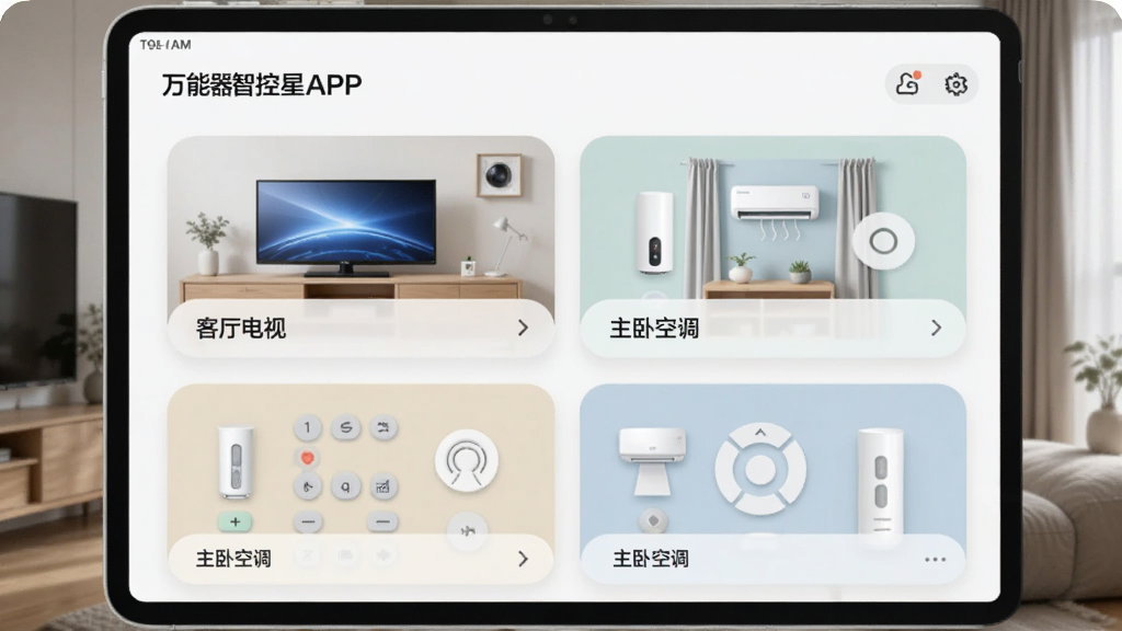 一张展示万能遥控器智控星APP多设备管理界面的图片,屏幕上以卡片形式排列着不同房间和电器的控制面板,如“客厅电视”、“主卧空调”。界面干净整洁,配色舒适,风格现代简约,画质细腻。