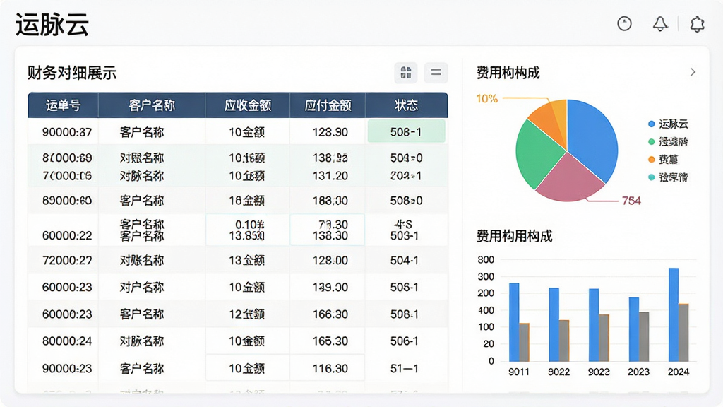 运脉云对账结算与费用明细界面展示,画面主体为一张财务对账表格,表格中包含运单号、客户名称、应收金额、应付金额、状态等列,表格旁边有饼状图和柱状图展示费用构成,布局为左表右图,风格为商务数据风,细节包括数字清晰、颜色区分、文字标注“运脉云”,画质高清,干净,无多余元素