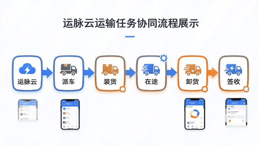 运脉云运输任务协同流程展示,画面以横向流程图为主体,从左到右依次展示接单、派车、装货、在途、卸货、签收六个节点,每个节点配有对应的图标和简短文字说明“运脉云”,布局清晰整齐,风格为商务简约信息图,细节包括蓝色和橙色搭配、箭头连接、手机界面小图点缀,画质高清,干净,无多余元素