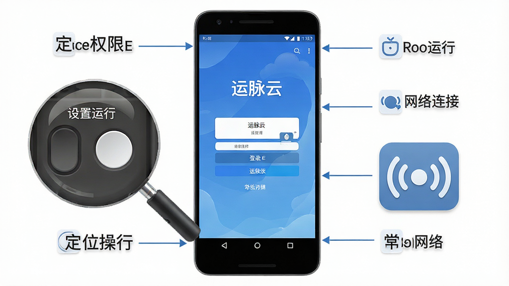 运脉云新手操作指引与常见问题排查场景,画面展示一部安卓手机屏幕显示运脉云登录界面,手机旁边有设置权限开关的放大示意图和网络信号图标,布局为手机居中加周边标注,风格为教程图解风,细节包括定位权限、后台运行、网络连接等图标,文字标注“运脉云”,画质高清,干净,无多余元素