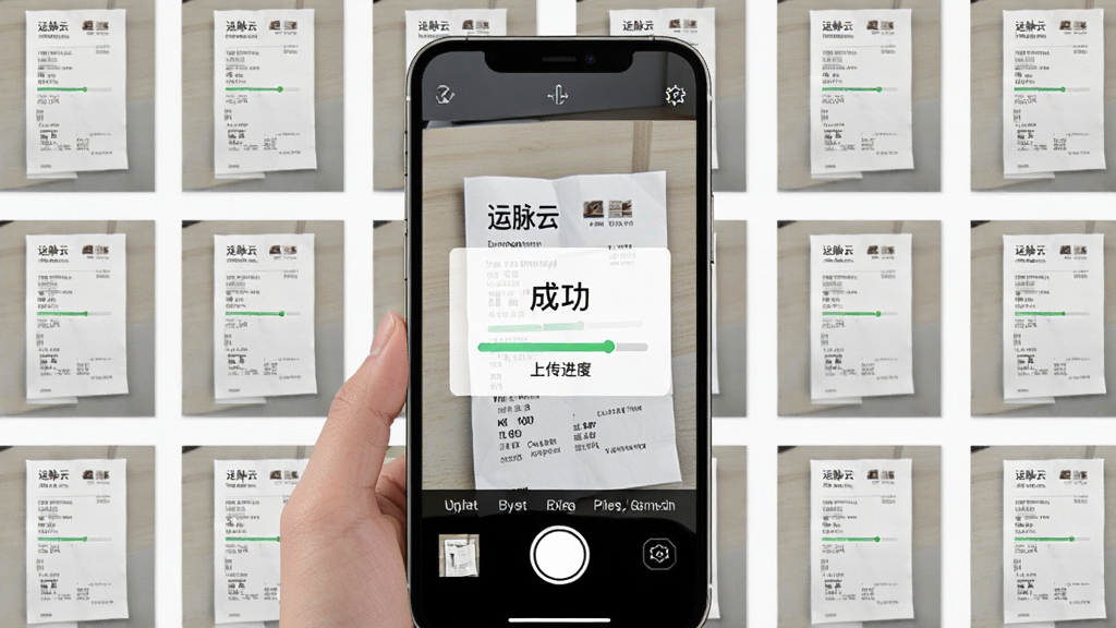 运脉云回单管理功能展示,画面中央展示一部手机正在拍摄纸质回单,手机屏幕显示上传成功提示,背景为整齐排列的电子回单缩略图网格,布局为前景手机加背景网格,风格为清新办公风,细节包括回单图片、上传进度条、文字标注“运脉云”,画质高清,干净,无多余元素