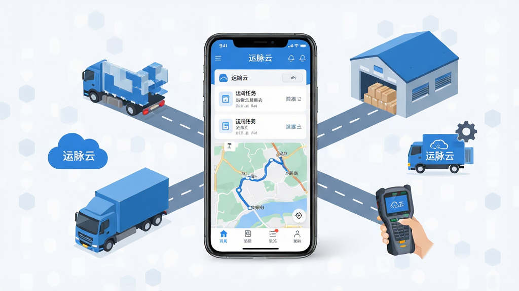运脉云软件主界面与物流运输场景全貌展示,画面中央放置一部智能手机,屏幕显示运脉云App的运输任务列表与地图轨迹界面,手机周围环绕货车、仓库、手持终端等物流元素,布局采用中心放射式构图,排版简洁有序,风格为现代扁平化科技风,细节包括蓝色主色调、图标清晰、文字标注“运脉云”,画质高清,干净,无多余元素