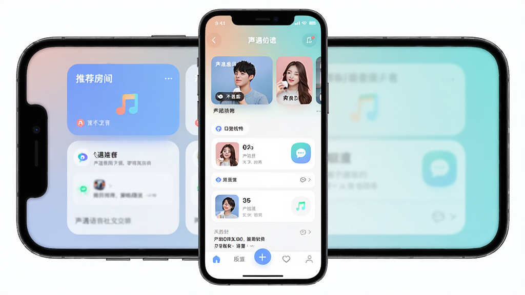 声遇软件主界面展示,主体为一部智能手机屏幕,屏幕上显示声遇语音社交应用的主页,布局包含顶部推荐房间卡片和底部导航栏,排版清晰简洁,风格为现代扁平化UI设计,细节包括圆角图标和柔和渐变背景,画质高清干净无多余元素
