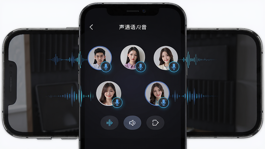 声遇多人语音房间界面,主体为手机屏幕显示六个圆形用户头像排列成麦位阵型,布局为上方房间名称下方功能按钮,排版居中对称,风格为暗色系语音社交UI,细节包括发光麦克风图标和动态声波特效,画质高清干净无多余元素
