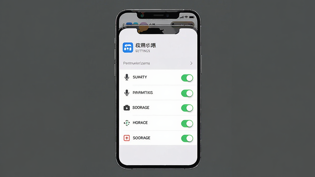 声遇新手操作指引示意图,主体为手机屏幕显示权限设置页面,布局为顶部应用名称和下方权限开关列表,排版整齐清晰,风格为扁平化系统设置界面,细节包括麦克风图标和存储图标,画质高清干净无多余元素