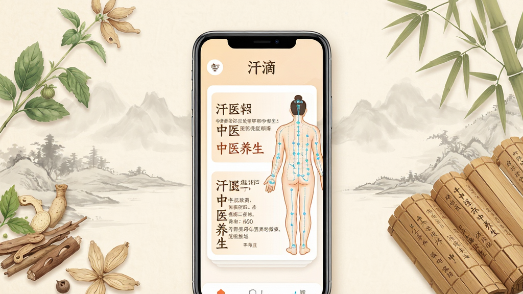 汗滴软件主界面展示,画面中央是一部智能手机,屏幕上显示中医养生知识卡片和经络穴位图,背景为淡雅的中式水墨风格,有草药和竹简元素点缀,整体色调柔和温暖,布局简洁清晰,风格为现代扁平化设计,细节包含文字“汗滴”和“中医养生”,画质高清,干净,无多余元素