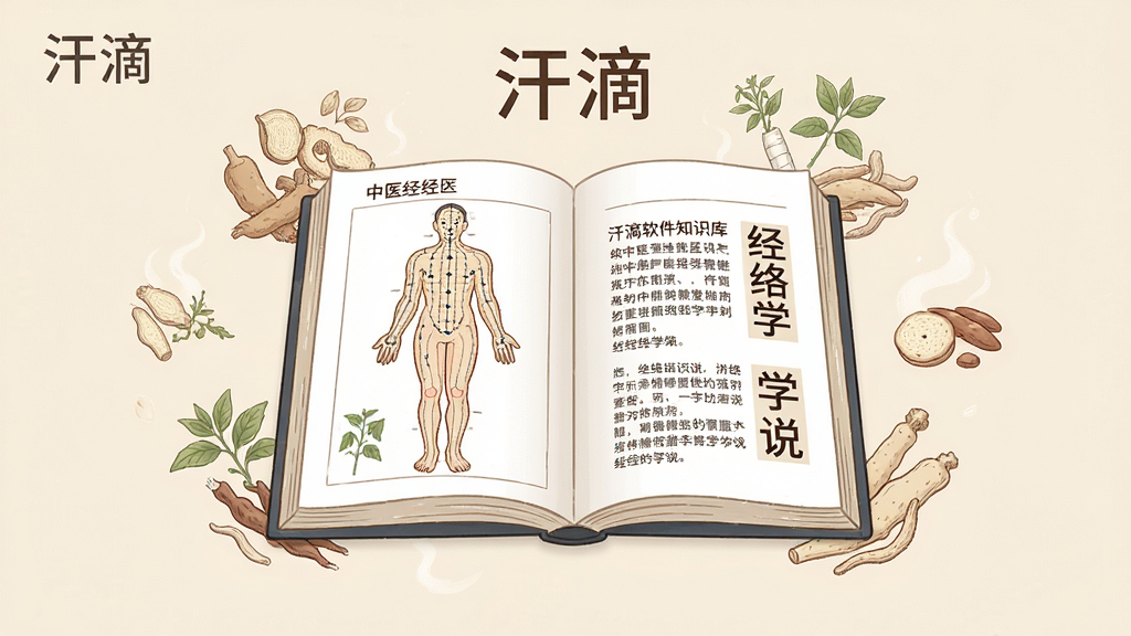 汗滴软件知识库页面展示,画面中一本展开的虚拟电子书,书页上呈现中医经络图和文字注解,周围环绕着淡淡的中草药图案,背景为浅米色,布局采用居中构图,风格为简约插画风,细节包含文字“汗滴”和“经络学说”,画质清晰,干净,无多余元素