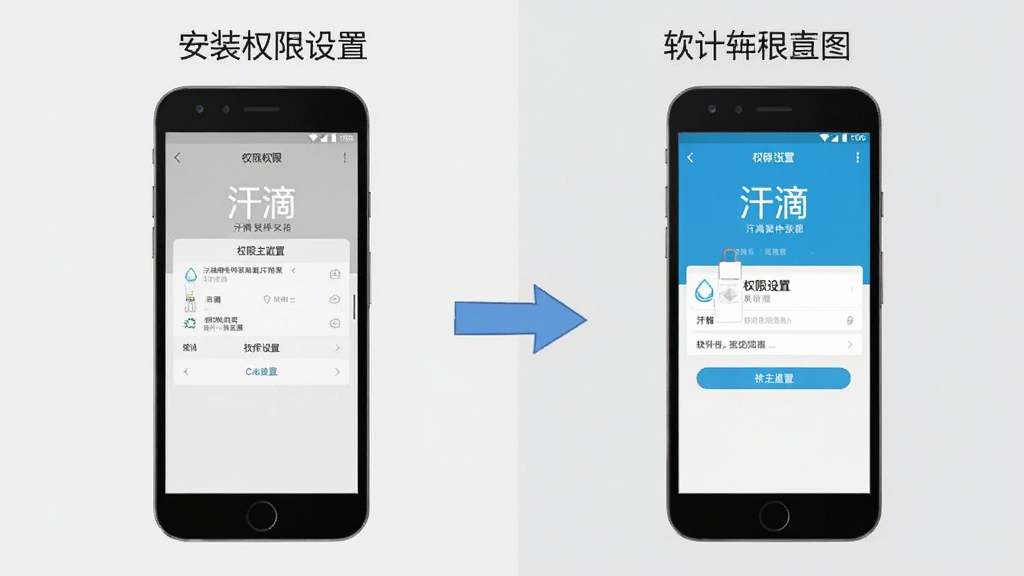 汗滴软件操作示意图,画面中一部手机展示安装权限设置界面和软件主页面,旁边有箭头指示操作步骤,背景为浅灰色,布局为左右对比,风格为扁平化教程图,细节包含文字“汗滴”和“权限设置”,画质高清,干净,无多余元素