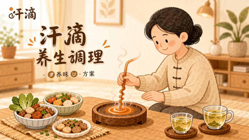 汗滴软件养生方案页面,画面中一位人物正在进行艾灸调理,旁边有食疗食材和养生茶饮,背景为温暖的家庭环境,布局采用场景化插画,风格为温馨手绘风,细节包含文字“汗滴”和“养生调理”,画质清晰,干净,无多余元素