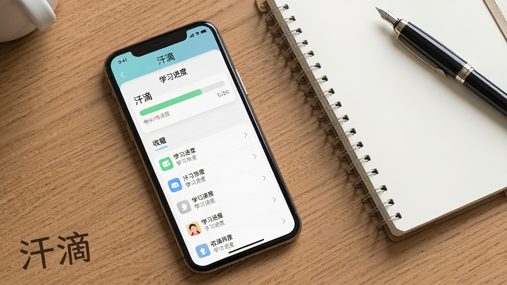 汗滴软件学习进度界面,画面中一部手机显示学习进度条和收藏列表,旁边有笔记本和笔,背景为木质桌面,布局为俯视角度,风格为写实风格,细节包含文字“汗滴”和“学习进度”,画质高清,干净,无多余元素