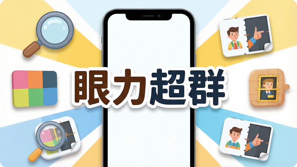 一张明亮的手机屏幕画面,画面中央显示“眼力超群”四个大字,周围环绕着放大镜、彩色色块、找茬对比图等元素,布局为居中放射状,风格为卡通扁平化,细节包括柔和的阴影和圆润的图标,画质清晰,干净,无多余元素