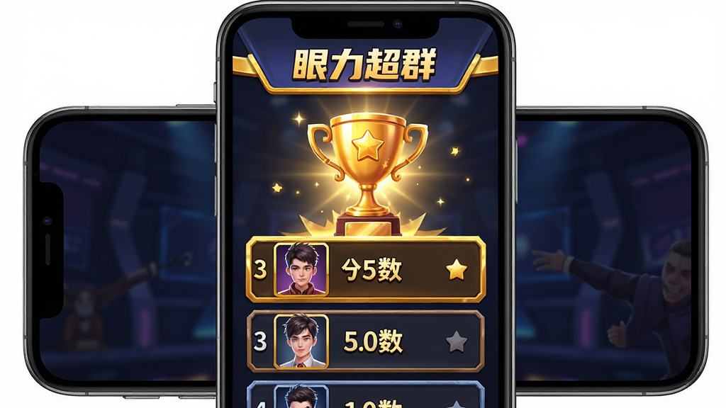 一张手机屏幕显示“眼力超群”排行榜界面,画面中央为奖杯和排名列表,主体为前三名头像与分数,布局为纵向列表,风格为竞技游戏风格,细节包括金色边框和发光特效,画质清晰,干净,无多余元素
