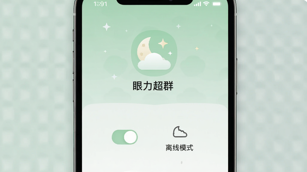 一张手机设置界面图片,画面显示“眼力超群”护眼模式开关与离线模式图标,主体为月亮和云朵图标,布局为居中对称,风格为清新简约,细节包括柔和的绿色调,画质清晰,干净,无多余元素