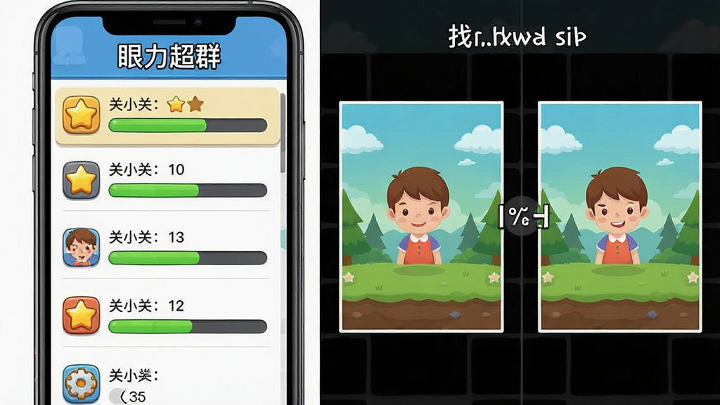 一张手机游戏界面截图风格图片,画面左侧显示“眼力超群”游戏关卡列表,右侧展示一个找茬对比场景,主体为两幅相似图片,布局为左右分栏,风格为休闲游戏UI,细节包括关卡星级和进度条,画质清晰,干净,无多余元素