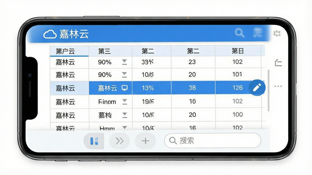 一张展示“嘉林云”数据表编辑界面的手机截图风格图片,画面中央是手机屏幕,屏幕上显示一个数据表格,表格有表头和多行数据,其中一行被高亮选中,旁边有一个编辑铅笔图标。手机下方有分页按钮和搜索框。布局简洁,风格为清爽的商务蓝白配色,细节上表格线为浅灰色,文字清晰可辨,背景为纯白色,画质干净,无多余元素。
